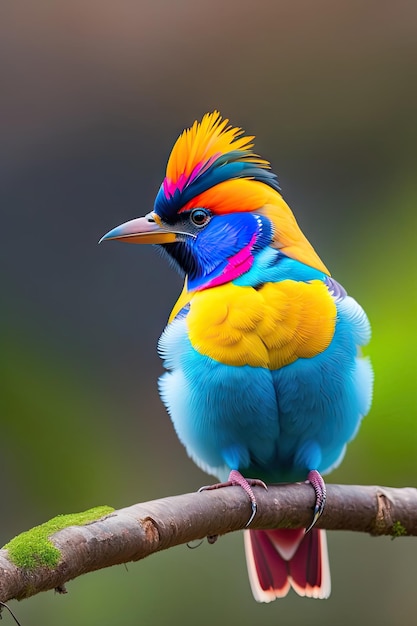 En gros plan, un oiseau exotique coloré, un paysage forestier, un fond bleu.