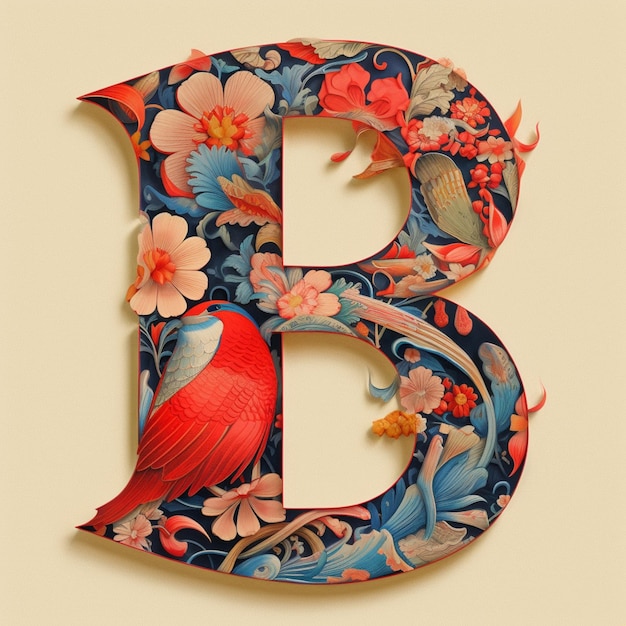 Un gros plan d'un oiseau sur une lettre florale b générative ai