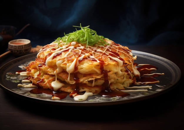 Un gros plan d'un Okonomiyaki fraîchement cuit sur une assiette