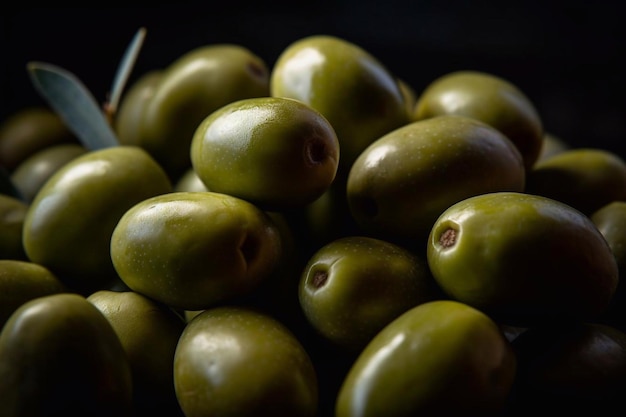 Gros plan d'olives vertes généré par l'IA