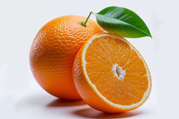 Gros plan sur une orange délicieuse avec des feuilles coupées en deux et vertes isolées sur fond blanc. Vitamine C
