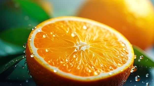 Un gros plan d'une orange avec une goutte de jus sur sa surface