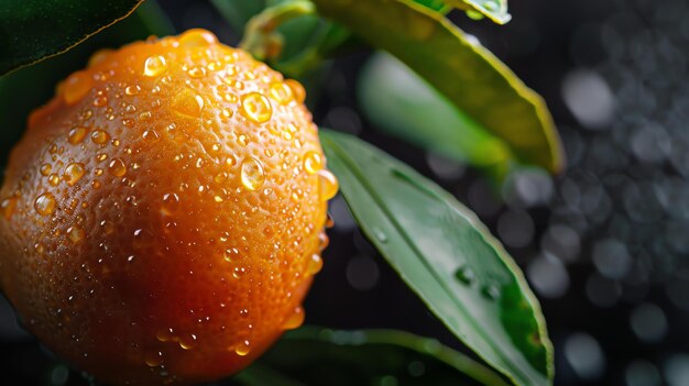 Photo un gros plan d'une orange juteuse mûre accrochée à une branche de l'arbre l'orange est couverte de gouttes d'eau et les feuilles sont d'un vert foncé