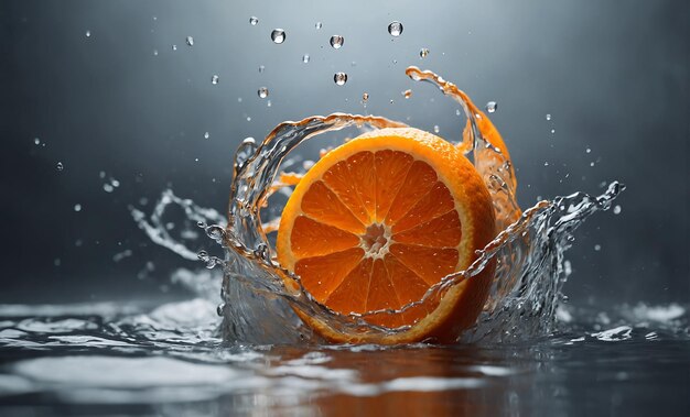 un gros plan d'une orange qui est éclaboussée d'eau