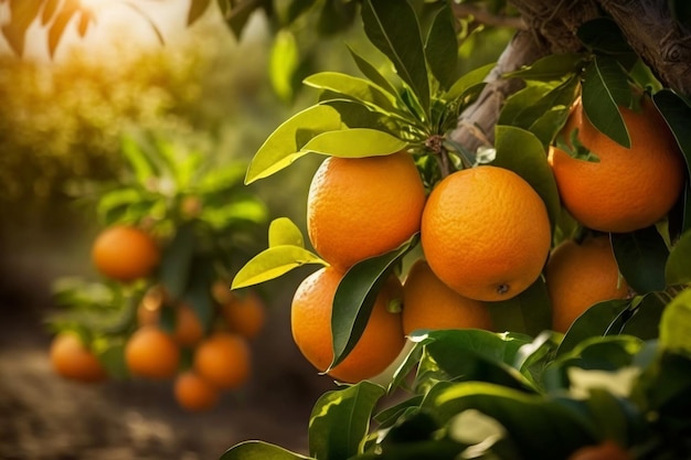 Gros plan d'oranges biologiques dans un verger AI générative