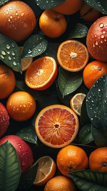 Un gros plan d'oranges et de citrons sur un fond vert à feuilles