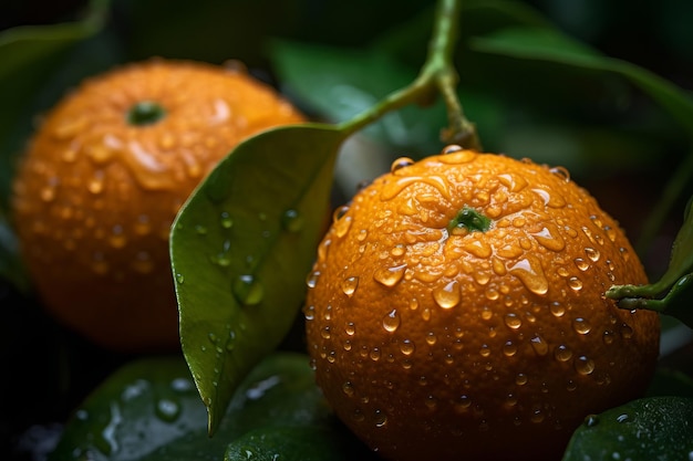 Un gros plan d'oranges avec des gouttelettes d'eau sur eux