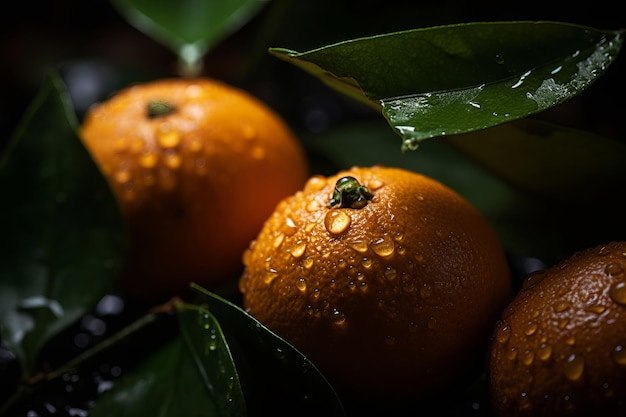 Un gros plan d'oranges avec des gouttelettes d'eau sur eux