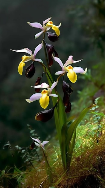 Un gros plan d'une orchidée jaune et noire avec des fleurs jaunes.