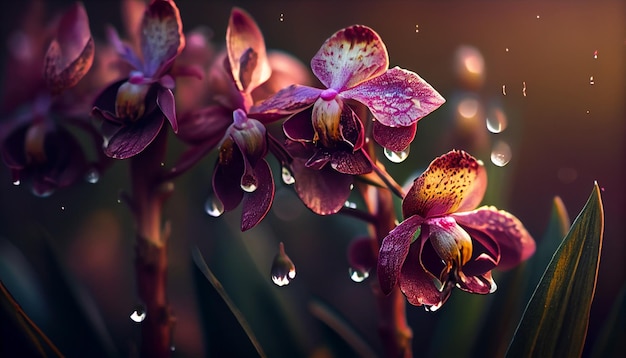 Un gros plan d'orchidées violettes avec des gouttes d'eau sur eux