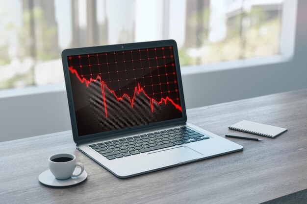 Gros plan d'un ordinateur portable sur un bureau en bois avec une tasse de café tombant d'une grille de graphique d'entreprise rouge sur une fenêtre avec vue sur la ville arrière-plan de bureau Récession de crise et concept de marché boursier Rendu 3D