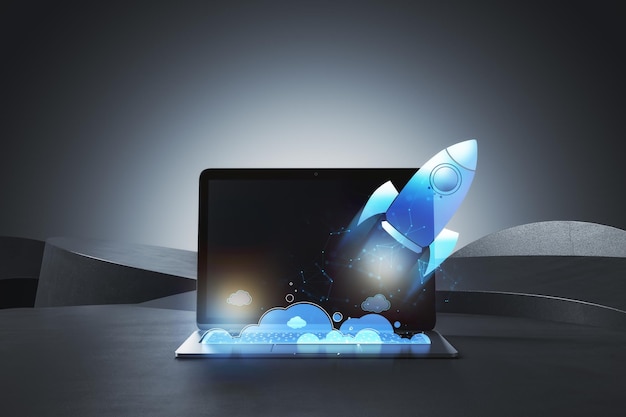 Gros plan sur un ordinateur portable et une fusée bleue volante rougeoyante Démarrage et lancement du concept 3D Rendering