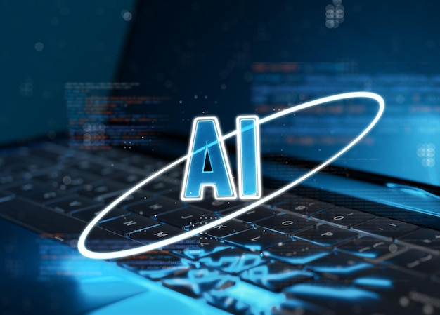 Gros plan sur un ordinateur portable de texte AI avec sur fond flou l'intelligence artificielle et le concept de technologie