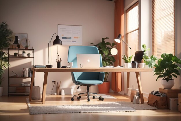 Gros plan d'un ordinateur, une tasse de café, un vase de fleurs et plus encore sur un bureau blanc à l'intérieur