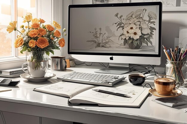 Gros plan d'un ordinateur, une tasse de café, un vase de fleurs et plus encore sur un bureau blanc à l'intérieur