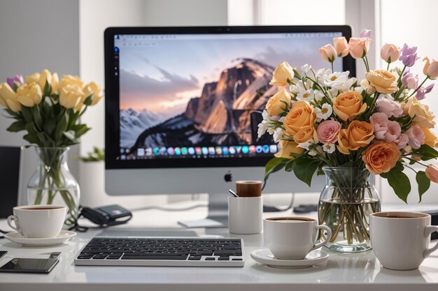 Gros plan d'un ordinateur, une tasse de café, un vase de fleurs et plus encore sur un bureau blanc à l'intérieur