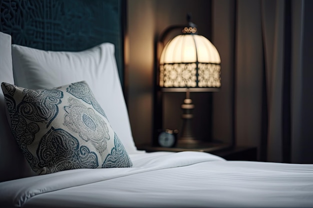 Gros plan d'un oreiller sur un lit dans un hôtel de luxe avec une lampe montrant une idée de décoration et de sécurité