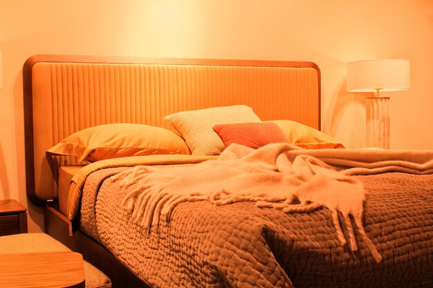 Gros plan d'oreillers moelleux colorés et confortables sur le lit Décoration d'appartement à la mode élégante Hygge sca