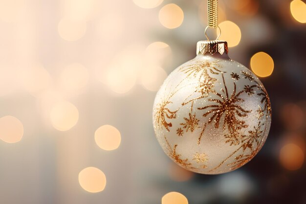 Un gros plan d'un ornement de Noël étincelant sur un arbre avec un fond d'espace de copie