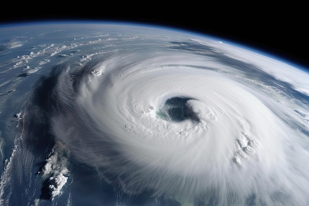 Gros plan d'un ouragan ou d'un cyclone avec des nuages et de la pluie visibles créés avec une IA générative