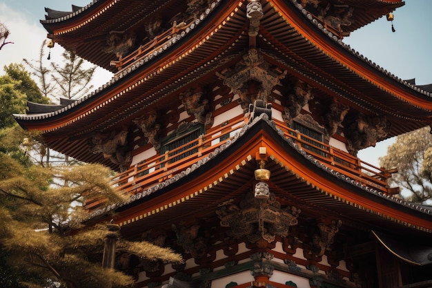 Gros plan d'une pagode japonaise présentant des détails et des motifs complexes créés avec une IA générative