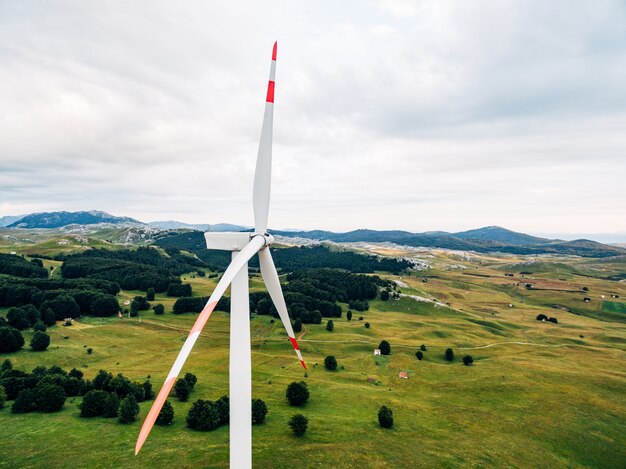 Gros plan des pales d'éoliennes avec des rayures rouges contre une forêt verte et sur le terrain