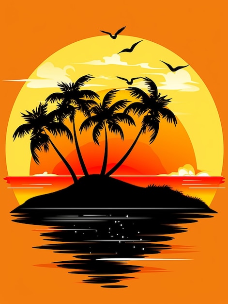 un gros plan d'un palmier sur une petite île avec des oiseaux volant autour de l'IA générative