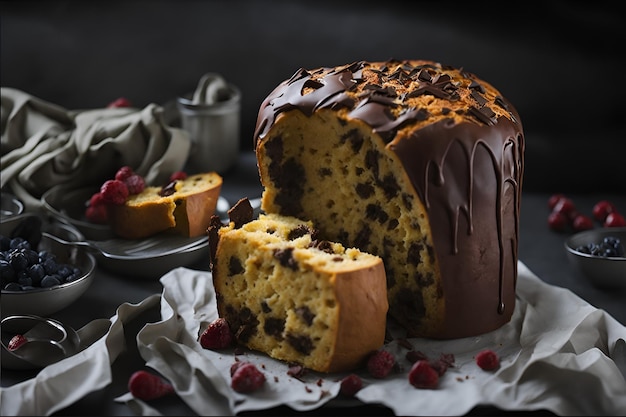 Gros plan de panettone rempli de généreuses gouttes de chocolat parfaites pour célébrer Noël avec indulgence Généré par AI