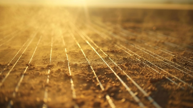 Un gros plan d'un panneau solaire dans le désert sa surface recouverte de poussière des vents secs malgré les