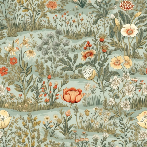 un gros plan d'un papier peint floral avec de nombreuses fleurs différentes