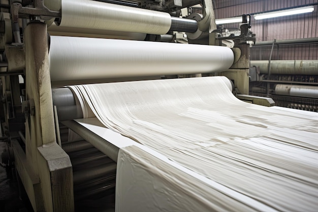 Gros plan de papier pressé en feuilles dans une usine de pâtes et papiers créée avec une IA générative