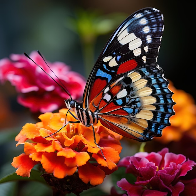 Un gros plan d'un papillon coloré mangeant une fleur