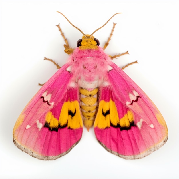 Un gros plan d'un papillon rose et jaune sur une surface blanche ai générative