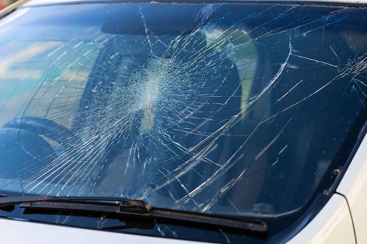 Photo gros plan de pare-brise de voiture cassé