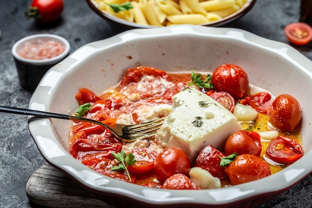 Gros plan des pâtes feta maison cuites au four, des tomates cerises au four fromage feta