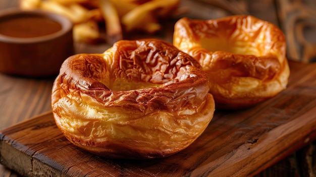 un gros plan d'une pâtisserie avec des frites sur une table en bois