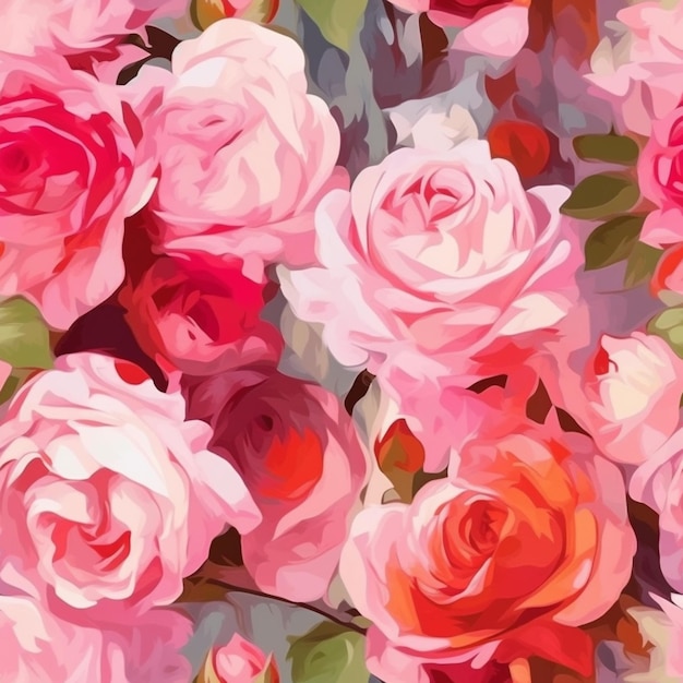 Un gros plan d'une peinture d'un bouquet de roses roses générative ai