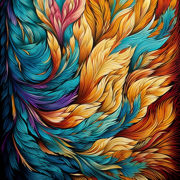 un gros plan d'une peinture colorée de plumes sur fond noir ai générative
