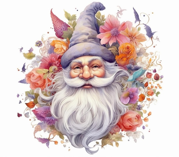 un gros plan d'une peinture d'un gnome avec des fleurs ai générative