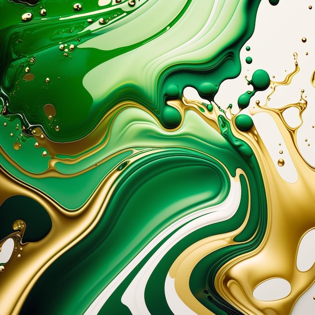Un gros plan d'une peinture liquide verte et dorée sur une surface blanche ai générative