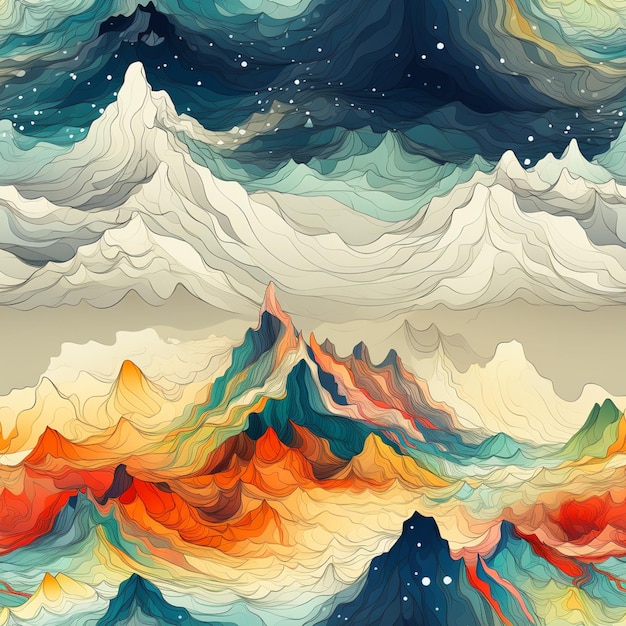 Un gros plan d'une peinture d'une montagne avec des nuages ai générative