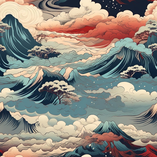 un gros plan d'une peinture d'une montagne et de l'océan génératif ai