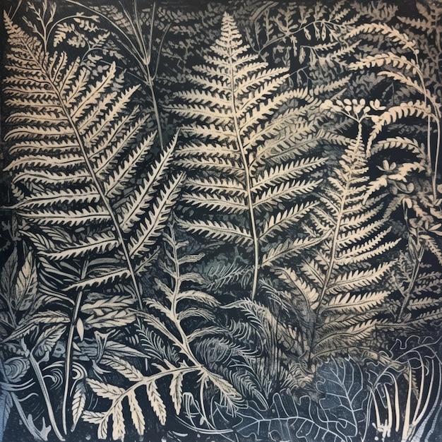 un gros plan d'une peinture d'une plante de fougère sur fond noir ai générative