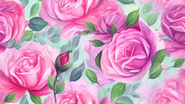 un gros plan d'une peinture de roses roses sur un fond vert