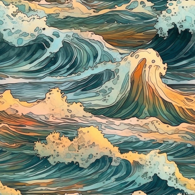 Un gros plan d'une peinture d'une vague avec un fond de ciel ai génératif