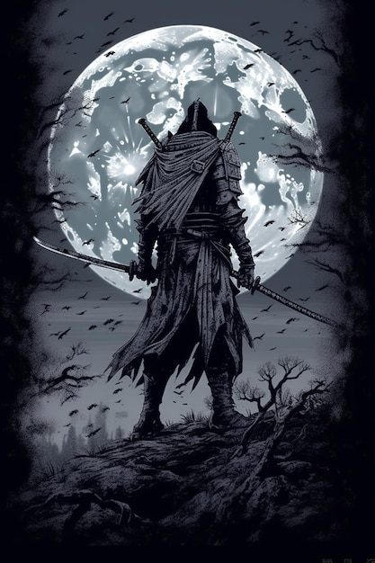 Un gros plan d'une personne avec une épée debout devant une lune pleine.