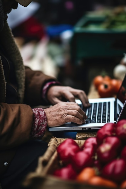 Gros plan d'une personne méconnaissable travaillant sur un ordinateur portable sur un marché créé avec l'IA générative