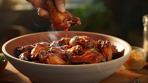 Gros plan d'une personne mettant la sauce sur des ailes de poulet délicieusement cuites dans un bol sur la table