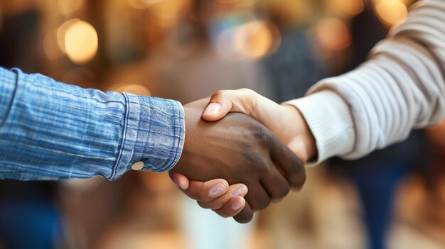 Photo un gros plan d'une personne noire et une personne blanche se serrant la main. la personne noire porte une chemise bleue et la personne blanche porte une chemise blanche.