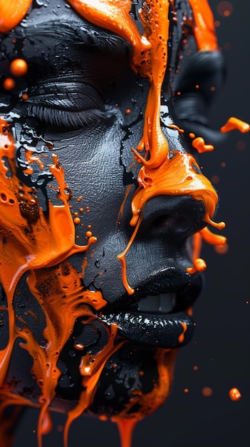 un gros plan d'une personne avec de la peinture orange sur son visage